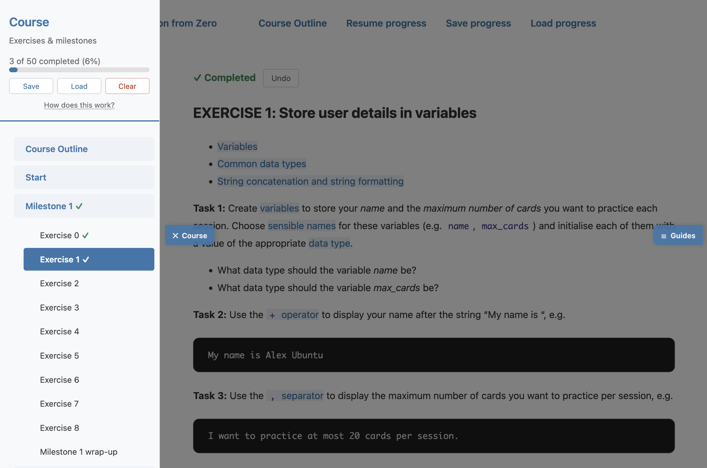 Course sidebar showing a progress bar and checkmarks next to completed exercises