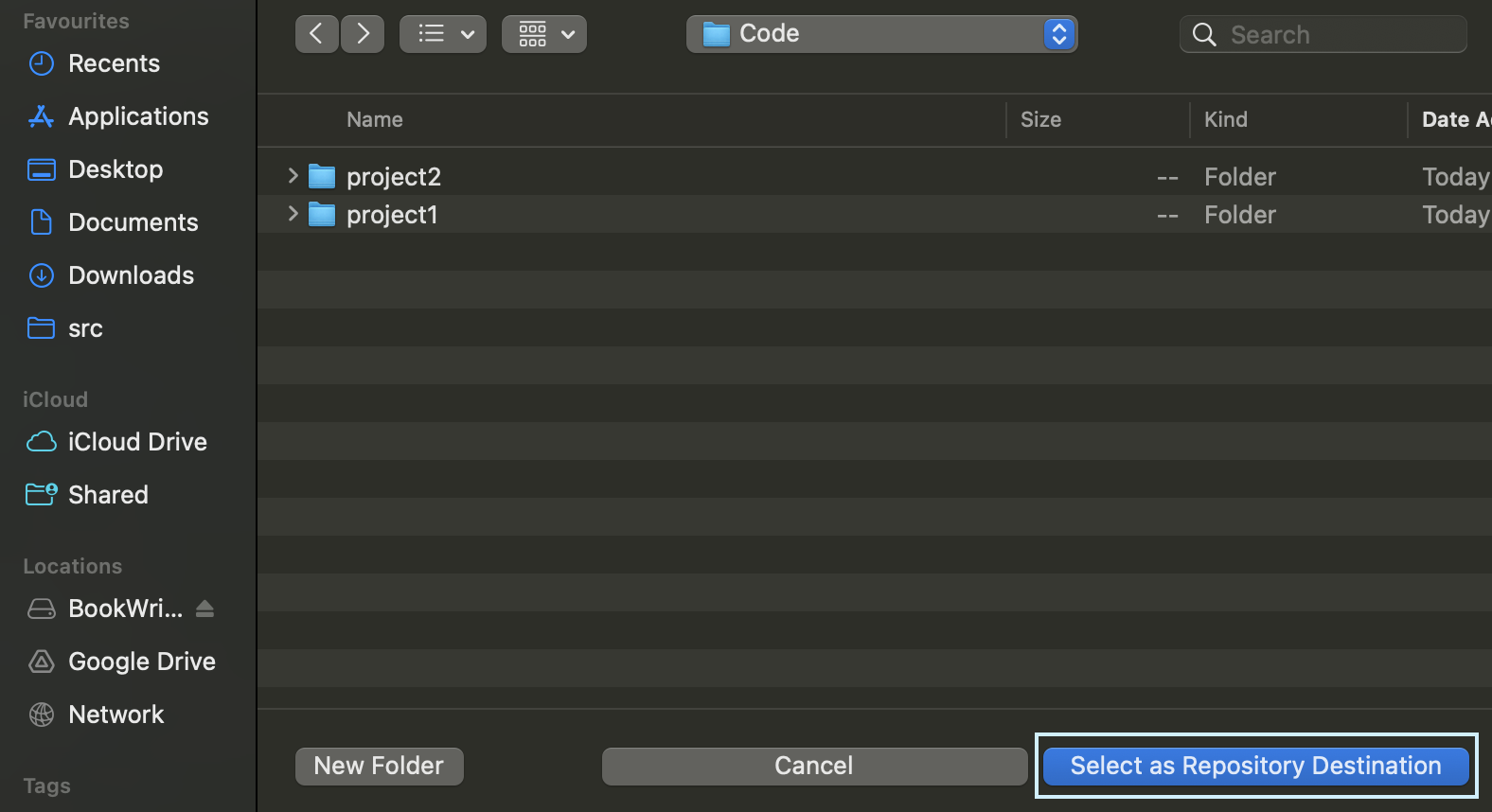 Select local folder for repository