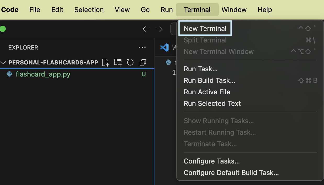 VS Code new terminal menu option