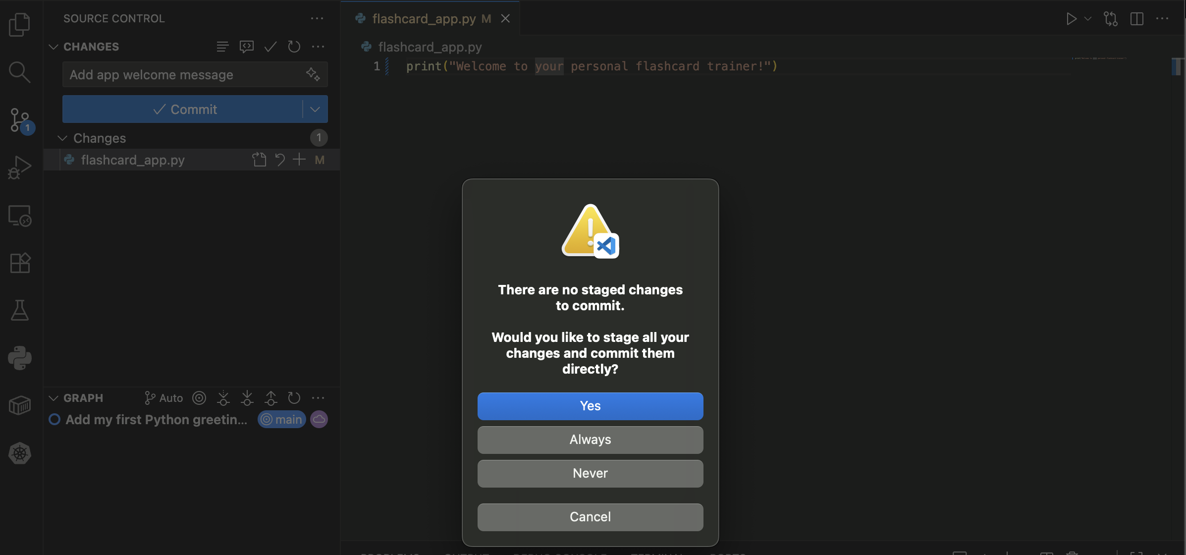 VS Code Source Control Stage dialog