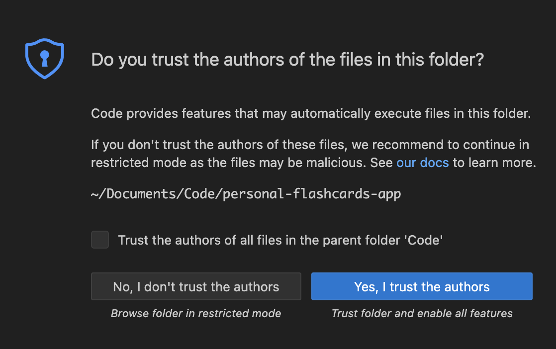 VS Code Trust Authors button